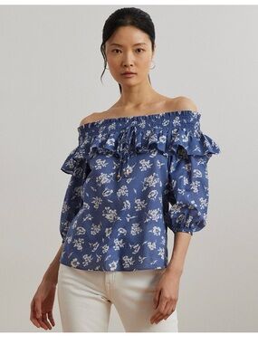 Polo by Ralph Lauren Blue Floral Off-Shoulder Ruffle Top